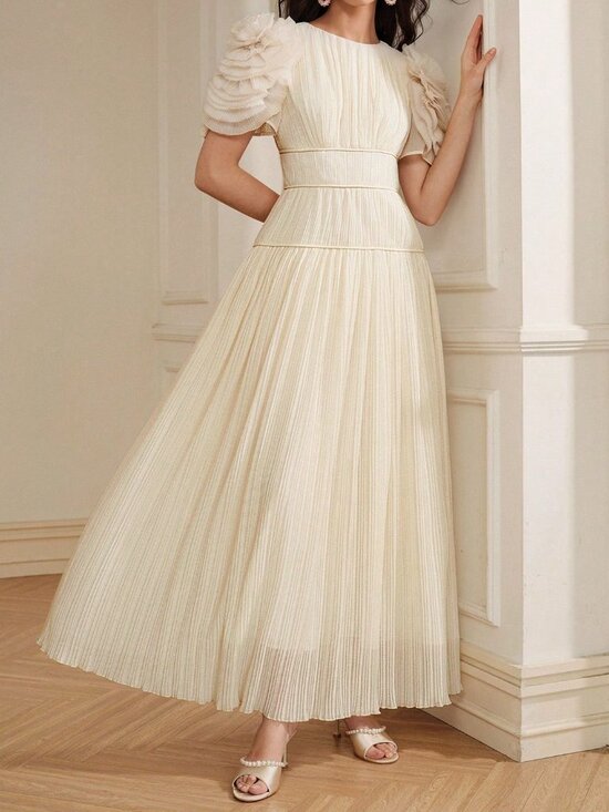 Dresses & Skirts - Apricot Elegant Women's Ruched Sleeve 3d Floral Decor Short Sleeve Dress